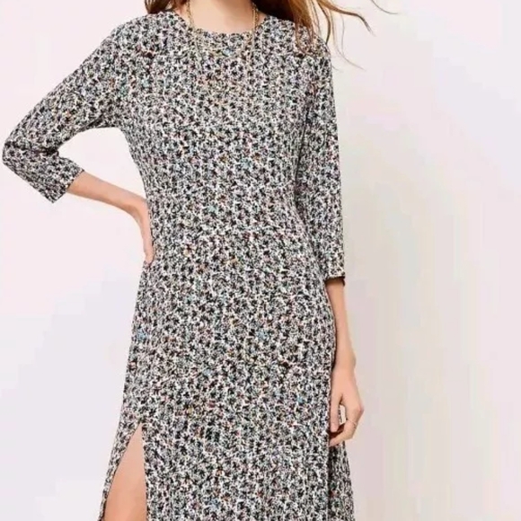 LOFT Western Boho Navy Multi-color Midi Dress with slit And Long Sleeves Sz 12 - Picture 2 of 14